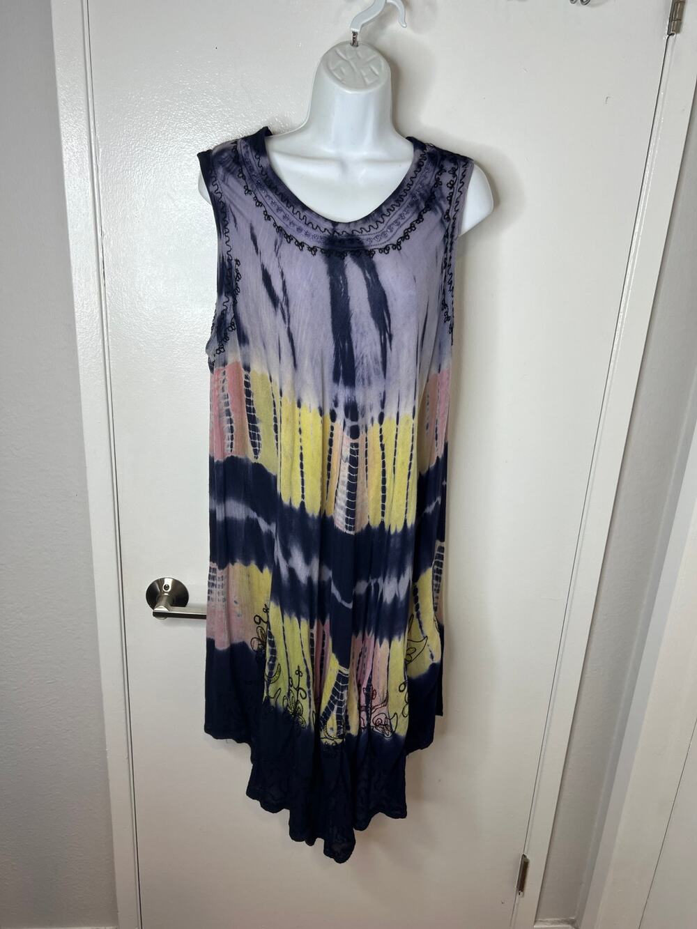 Embroidered Sleeveless Round Neck Rayon Tie Dye Dress Blue/Pink/Yellow Free Size